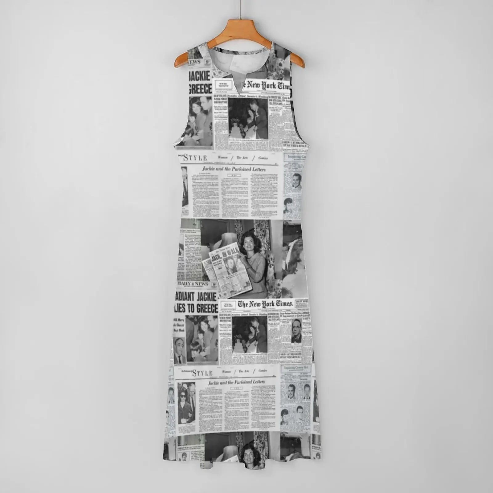 Newspaper Collage Print Dress Women Elegant Maxi Dress Street Style Casual Sleeveless Long Dress Summer V-Neck Pattern Vestidos
