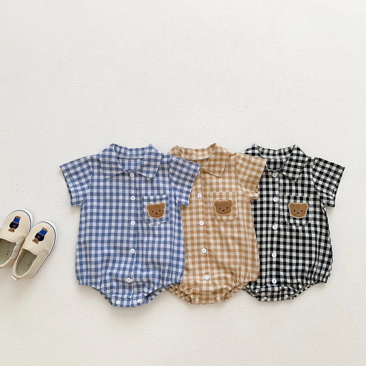 Baby Summer Clothes Boys Checked Bear Embroidered Shirt Collar Short-Sleeved Jumpsuit Children's Clothing