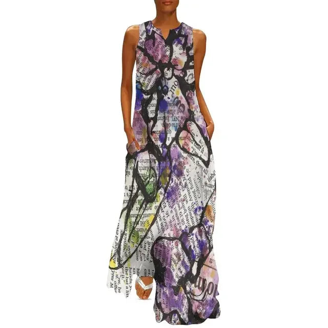 Newspaper Collage Print Dress Women Elegant Maxi Dress Street Style Casual Sleeveless Long Dress Summer V-Neck Pattern Vestidos