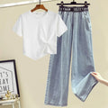 Large Women's 2022 Spring and Summer New Design Sense of Minority T-Shirt Top Thin Wide Leg Jeans Two-piece Suit Women