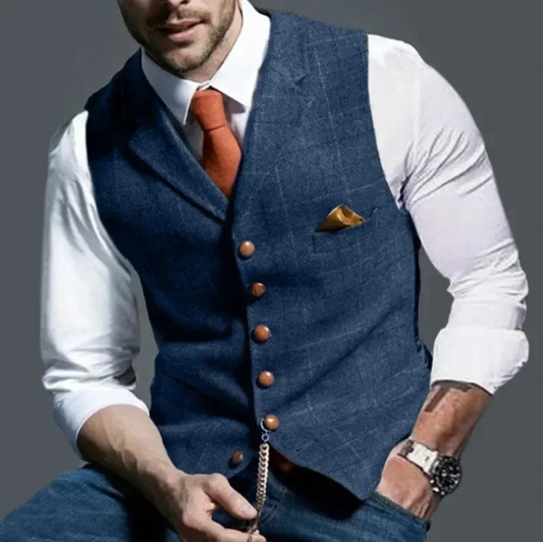 2026 Men's Formal Vests Lapel Tweed Plaid V-neck Waistcoat Slim Vest Business Formal Dress Suit Casual Wedding Tuxedo Male Vest