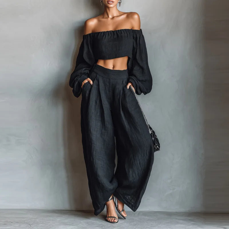 Women Outfit Off 2 Piece Shoulder Long Sleeve Top High Waisted Loose Wide Leg Pants Casual Pants Sets Fashion Commuting Outfits