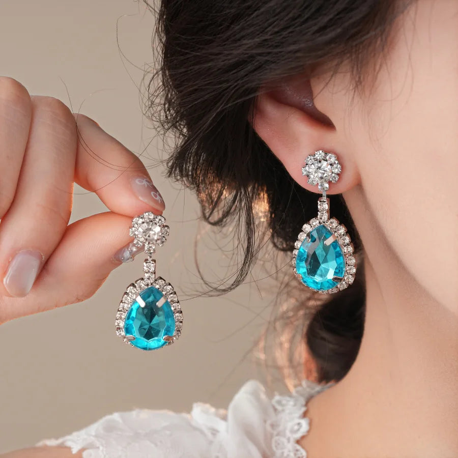 DREJEW Diamond-inlaid Blue Water Drop Jewelry Set for Women  Light Luxury High-end Temperament  Wedding Earrings Necklace Sets