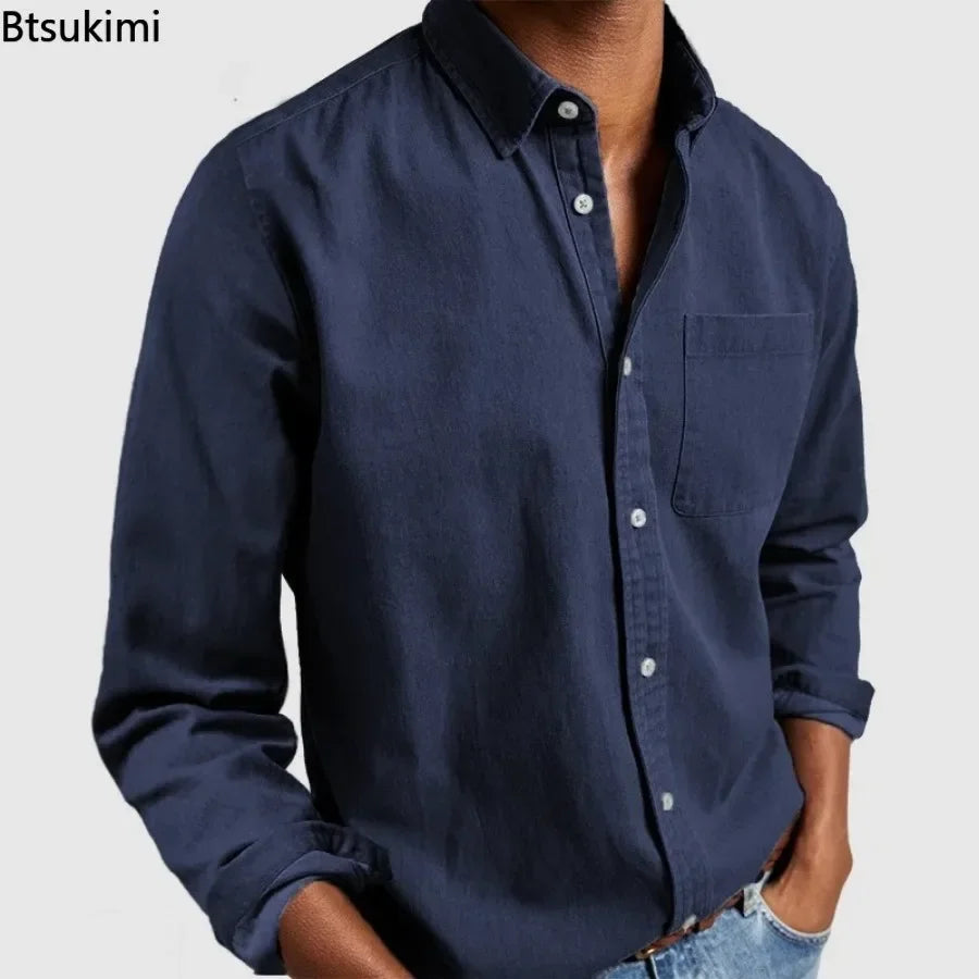 2026 Fashion Men's Clothing Breathable Cotton Long-sleeved Loose Casual Shirt Men Simple Lapel Tops Vintage All-match Man Blouse