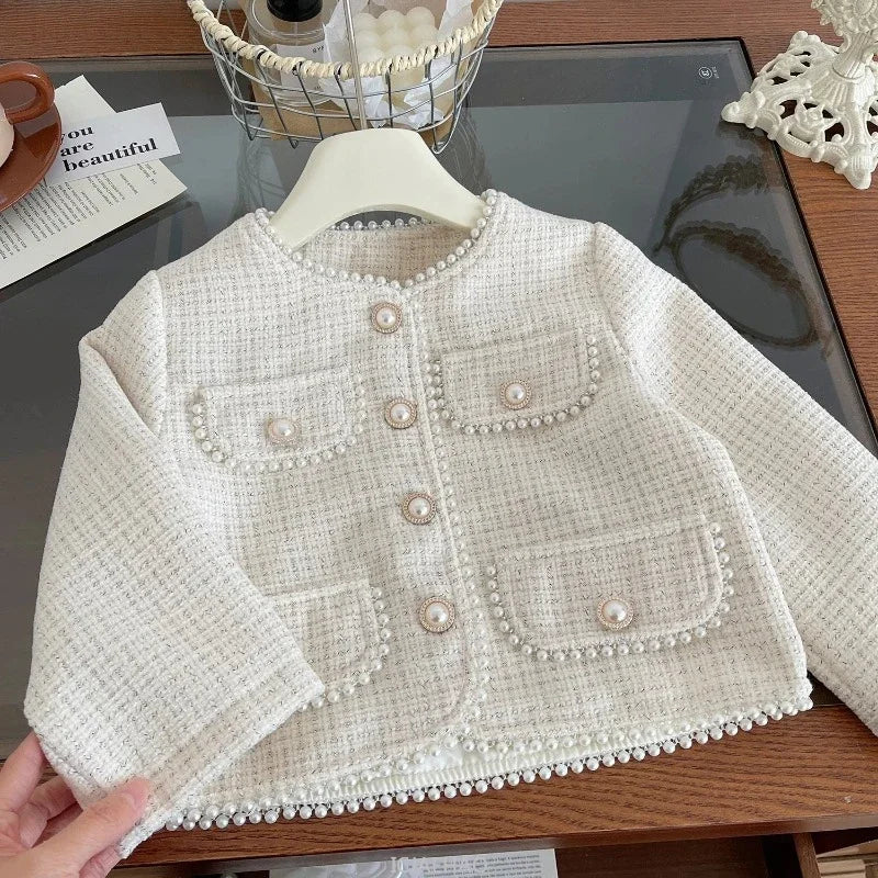 Teen Girl Clothes 2025 Tweed Two Piece Skirt Sets Luxury Designer Outfit Coat Suit Costume Kids Clothing Children Beige Boutique