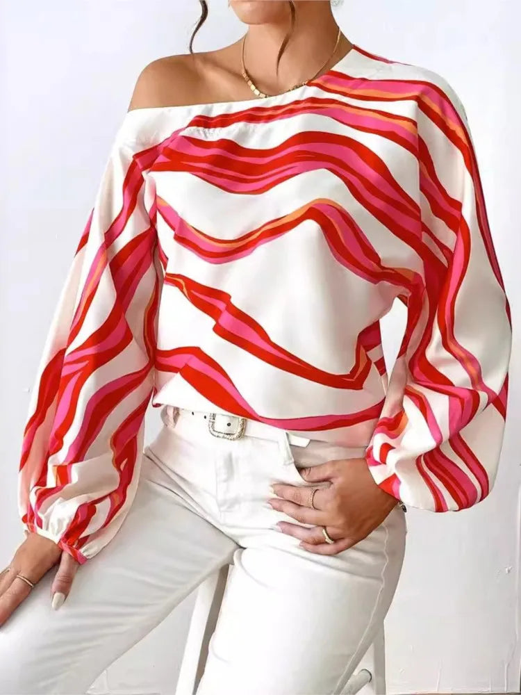 Women's Clothing 2024 Spring Summer New Style Temperament Off Shoulder One Neck Fashionable Printed Loose Women's Shirt