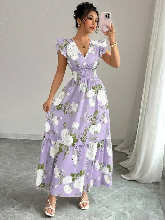 Women's Elegant Purple Floral Dress,Summer Boho V-Neck Ruched Waist Cap Sleeve Vacation Holiday Tea Party Dress,Spring Lilac Re