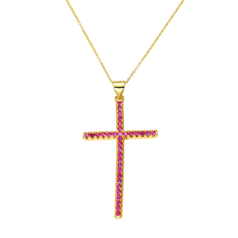 Juya 18K Real Gold Plated Handmade Decoration Cubic Zirconia Enamel Cross Pendant Necklace For Women Christian Jewelry Supplies