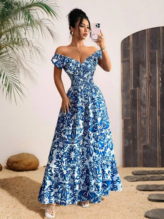 Women Elegant Charming Long Dress, New Lightweight Woven Floral Puff Sleeve Open Back Shirred Waist Slim Dress For Date Holiday