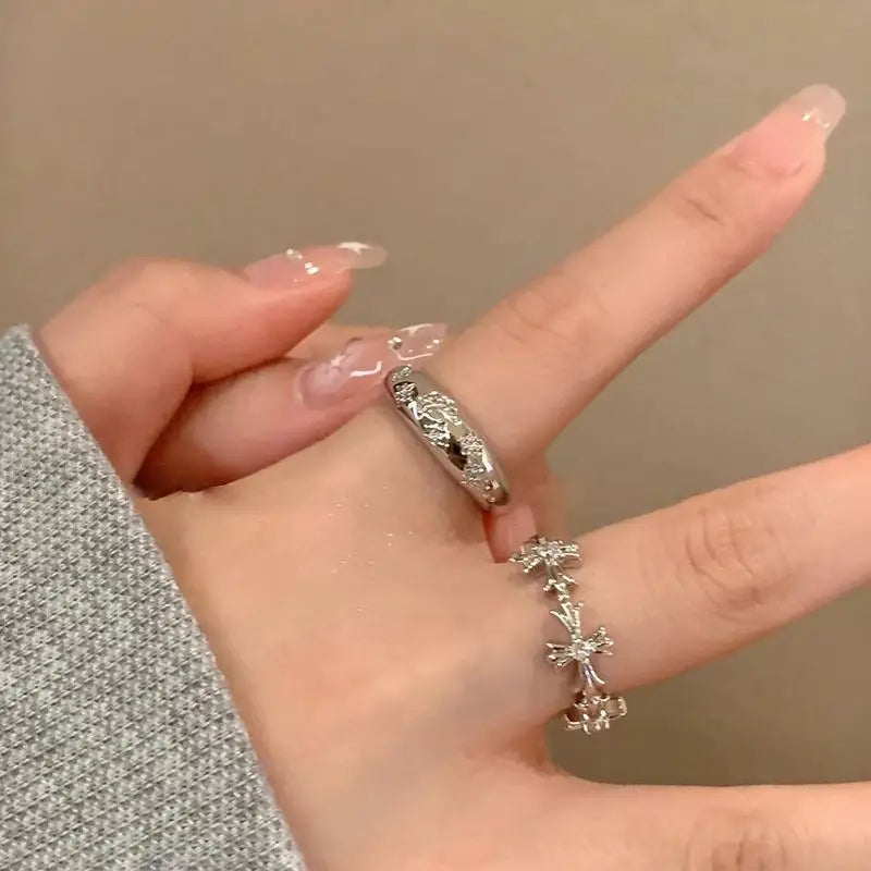 WANZHI 1/2PCS Gothic Black Cross Open Rings for Women and Men Exquisite Imbue Diamond Ring Fashion Jewelry Accessories Gifts