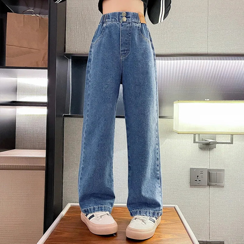 Teenage Girls Jeans 2026 Spring Autumn Casual Fashion Loose Blue Kids Leg Wide Pants School Children Trousers 6 8 10 12 Year