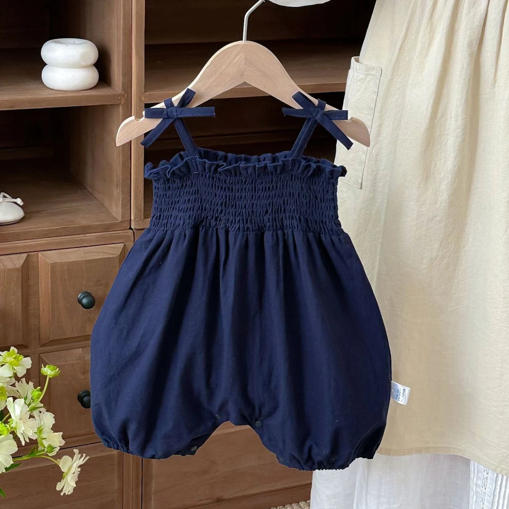 2026 New Summer 0-2Y Baby Clothes Fresh Floral/Solid Color Girls Romper with Bow Sling Smocked Elastic Waist Jumpsuit
