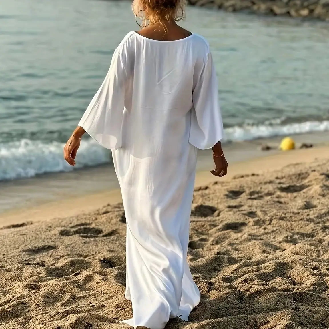 Plus Size Women's White V-Neck Batwing Sleeve Loose Maxi Dress - Beach Vacation Cover-Up Style (0XL-4XL)