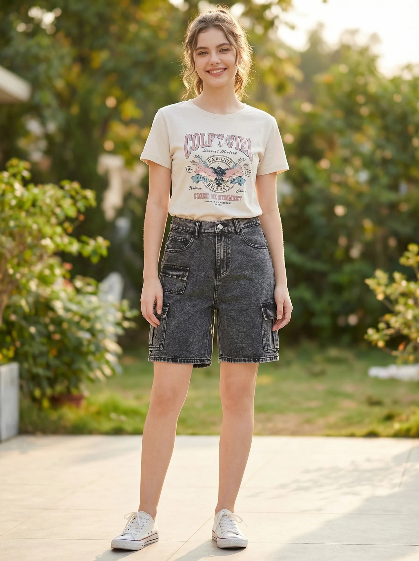 Teenage Girls 13-16 Years Old Workwear Multi-Pocket Five-Quarter Denim Jeans with Adjustable Waist And Snowflake Craft