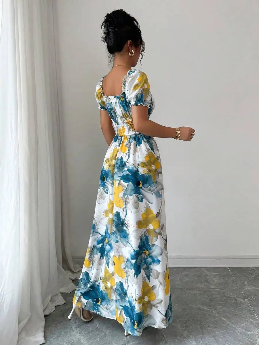 2026 Summer Women Slim Shirred Maxi Dress, V Neck Big Floral Print Long Dress, Yellow And Blue Flower Ladies Dress