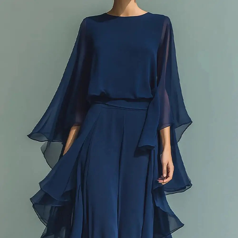 Women Suit Women Two-piece Suit Summer Outfit Loose Fit Ruffle Bell Sleeve Shirt Wide Leg Pants Women Two-piece Suit