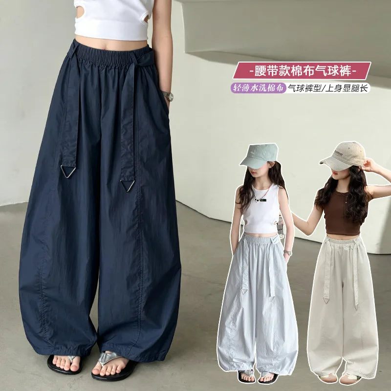 Teens Girls Soft Cotton Balloon Trousers Summer Childen Thin Loose Casual Breathable Mosquito Proof Kids Pants