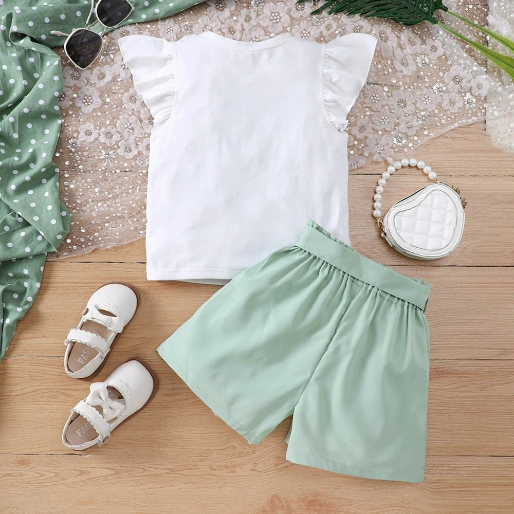 Summer Kids Girls Clothes 2pcs Set Children White T-Shirt with Green Shorts Summer Teen Girls Outfits For 8 9 10 11 12 Years