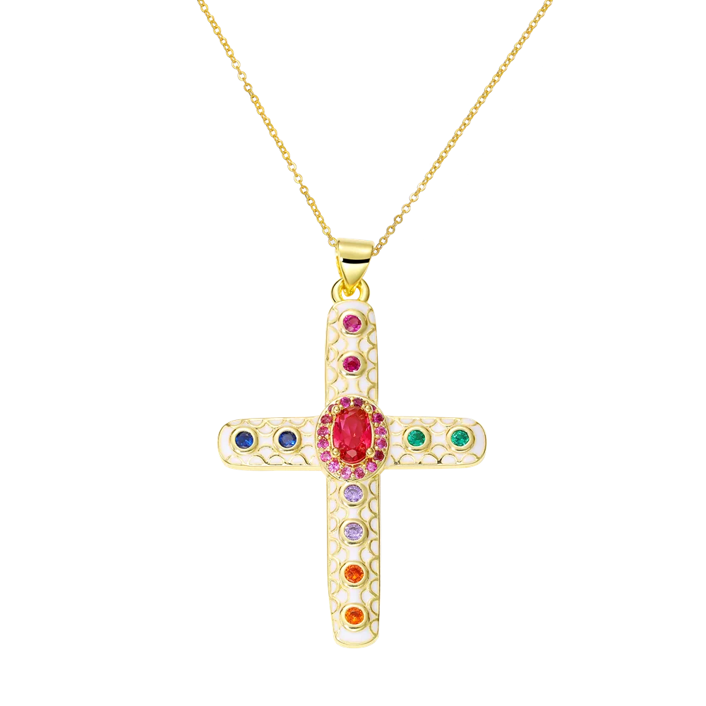 Juya 18K Real Gold Plated Handmade Decoration Cubic Zirconia Enamel Cross Pendant Necklace For Women Christian Jewelry Supplies