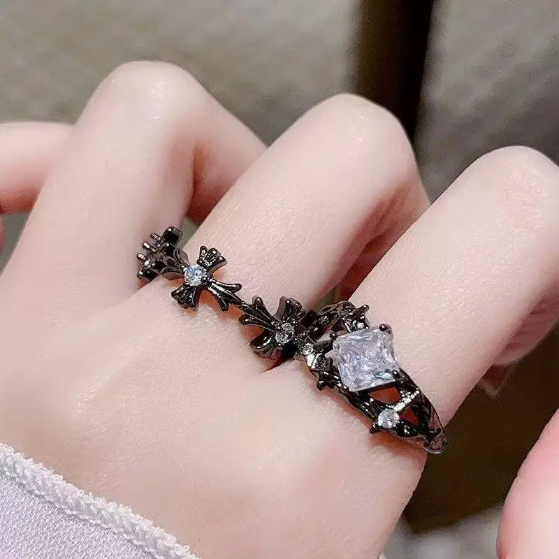 WANZHI 1/2PCS Gothic Black Cross Open Rings for Women and Men Exquisite Imbue Diamond Ring Fashion Jewelry Accessories Gifts