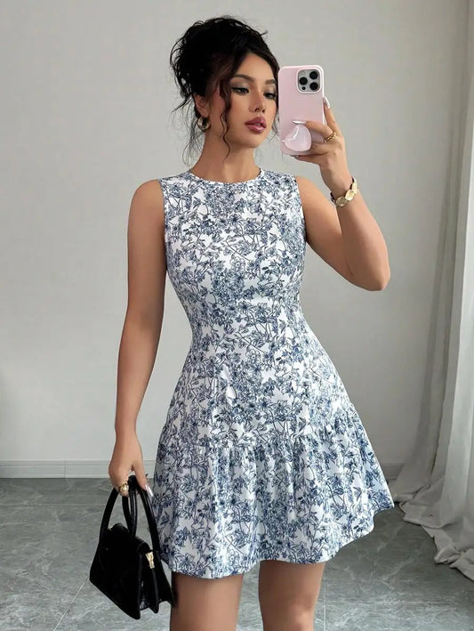 Spring/Summer Boho And French-Style Blue And White Floral Dress, Sleeveless With A Round Neckline