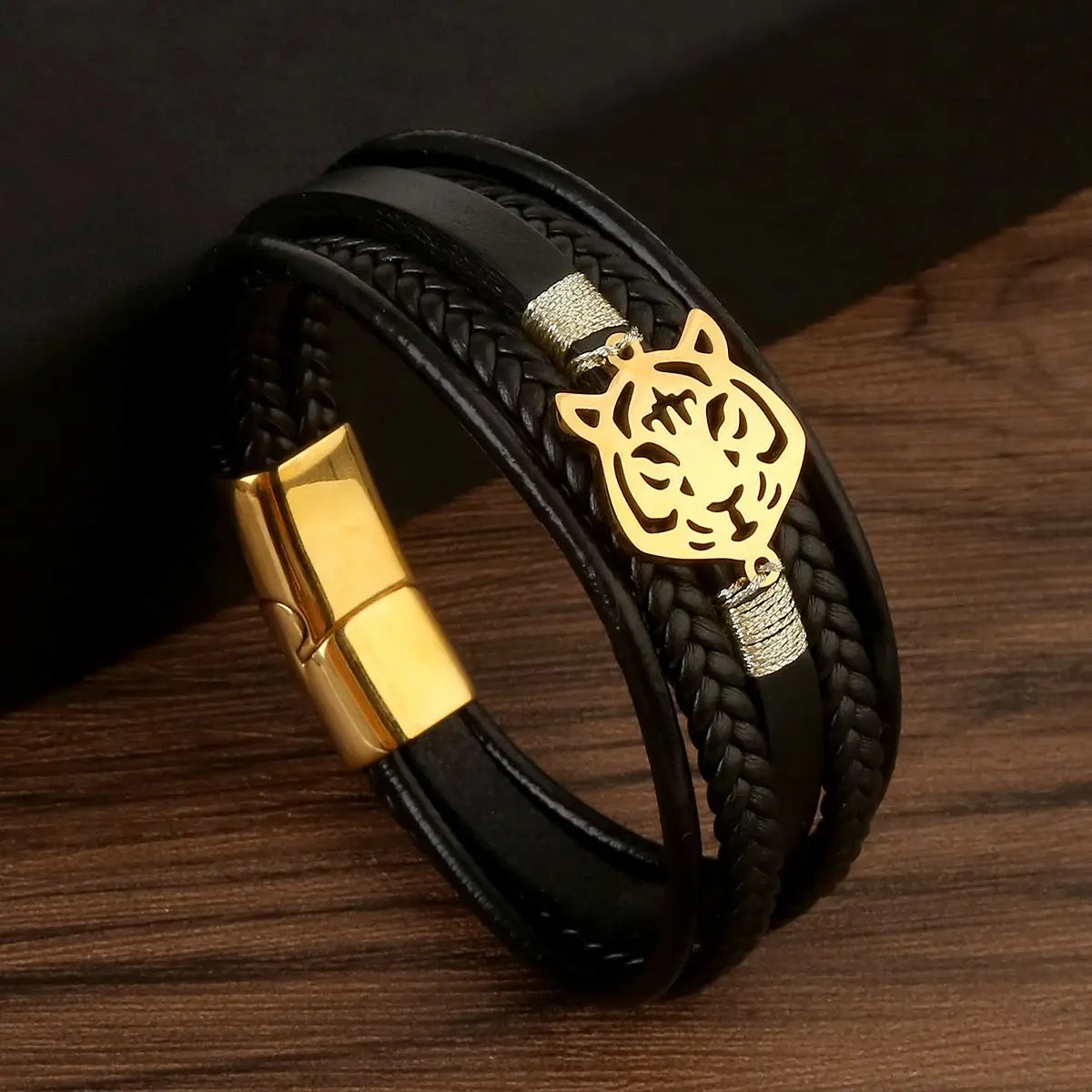 Classic 4-Layer Tiger Eye Stone Hand-Woven Leather Bracelets For Men Punk Fashion Alloy Magnetic Buckle Casual Bracelet Jewelry