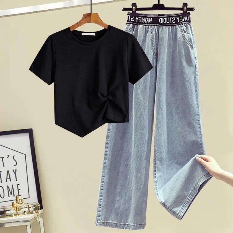 Large Women's 2022 Spring and Summer New Design Sense of Minority T-Shirt Top Thin Wide Leg Jeans Two-piece Suit Women