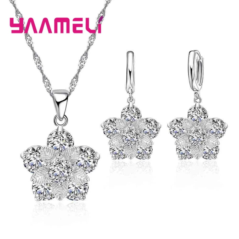 Popular Stylish Jewellery Flowers With Leaves Leaf Women Wedding Party Silver Color Jewelry Sets Paved 3A Zirocon