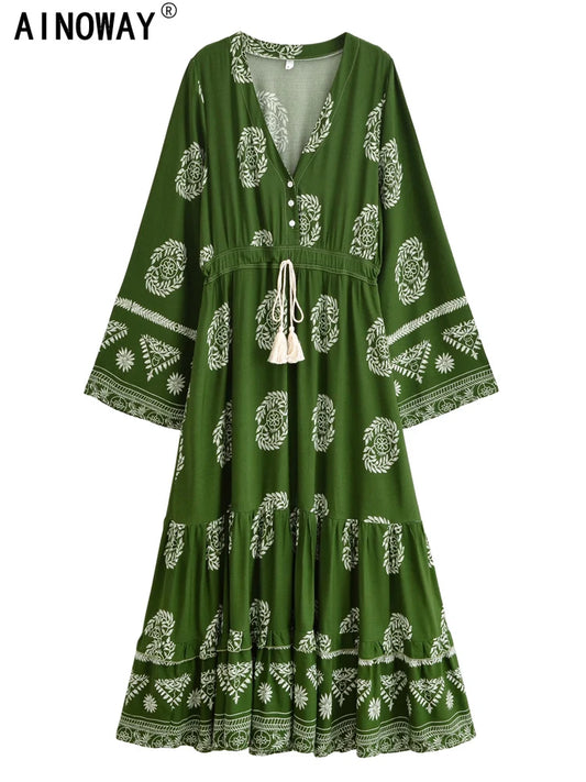 Vintage Chic Women Green Wild Floral Long Sleeve Tassel Beach Bohemian Dress Ladies Deep V-neck Autumn Boho Maxi Dress Vestidos