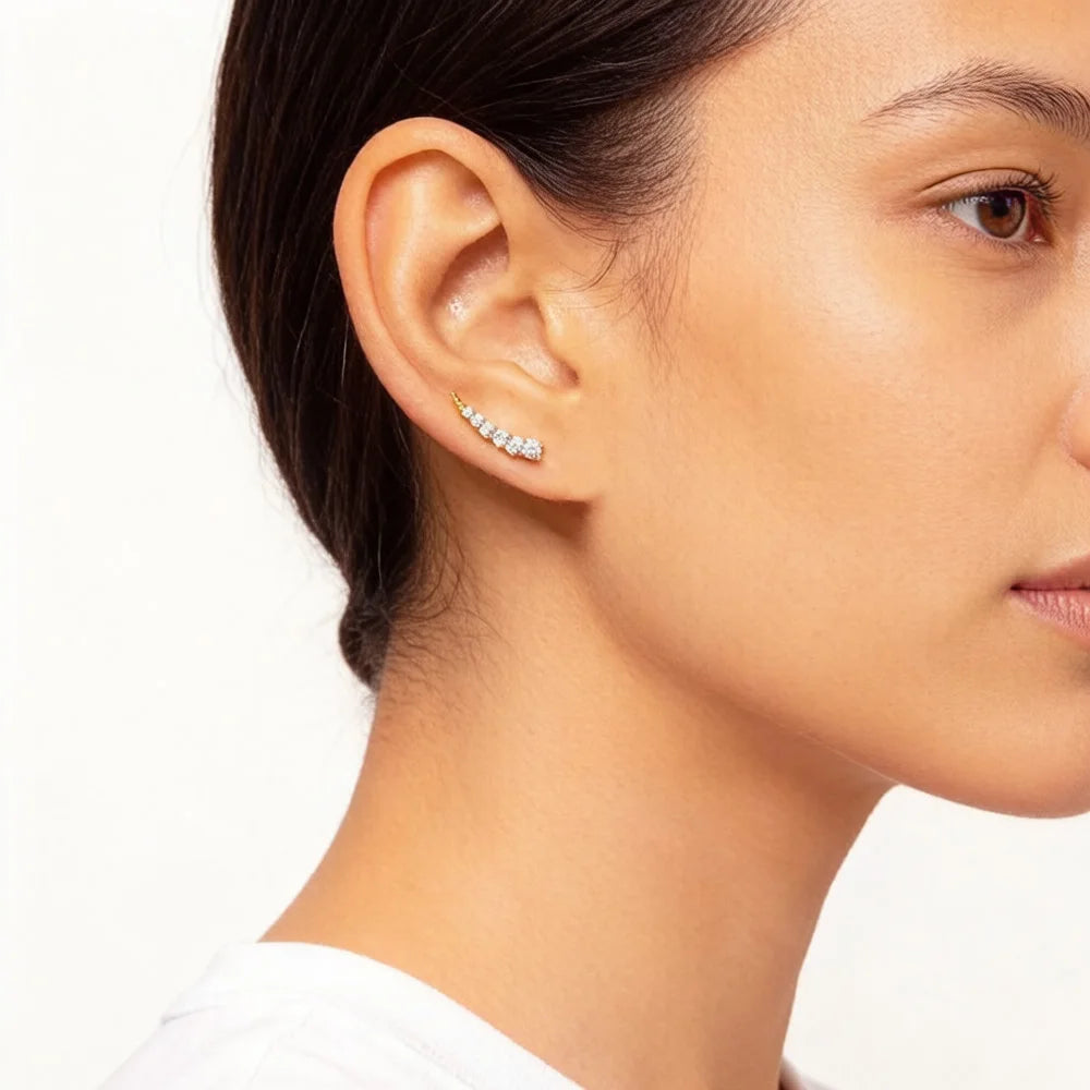 Golden Ear Climber White Stones Europe Style Fine Jewerly For Women Trendy Gift In 925 Sterling Silver