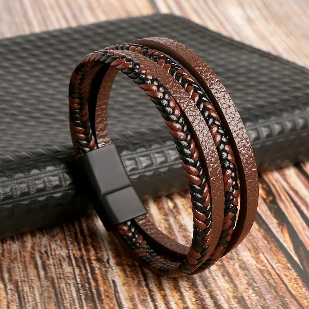 Classic 4-Layer Tiger Eye Stone Hand-Woven Leather Bracelets For Men Punk Fashion Alloy Magnetic Buckle Casual Bracelet Jewelry