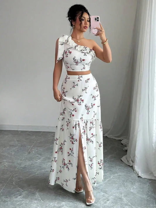 Women Summer 2 Piece Outfit, Sexy One Shoulder Design Top & Elegant Split Floral Print Maxi Dress Matching Set For Daily Dating