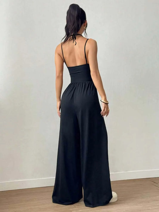 Women's Summer Black Casual Pleated Loose Straight-Leg Jumpsuit, Adjustable Halter Neck Tie