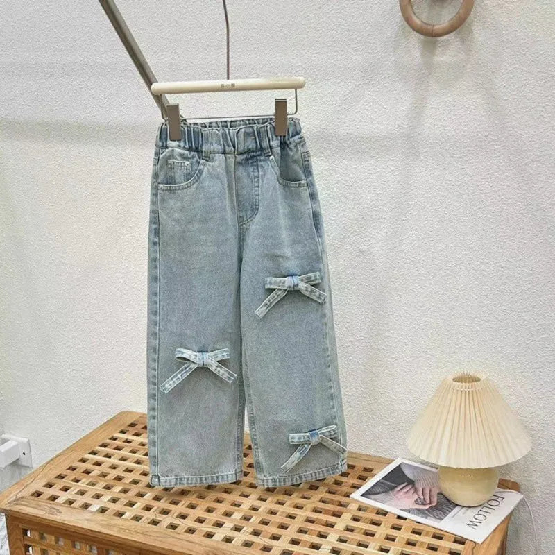 Girls Summer Thin Set Teenage Girls Wide Leg Jeans T-shirt 2-piece Summer Children's Clothing Set