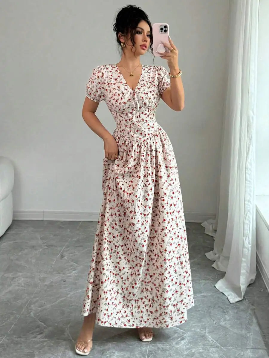 Elegant Women Summer Ditsy Floral Maxi Dress, Elastic Waist Puff Sleeve Beige Pastoral Long Dress, Casual Commute Music Festival