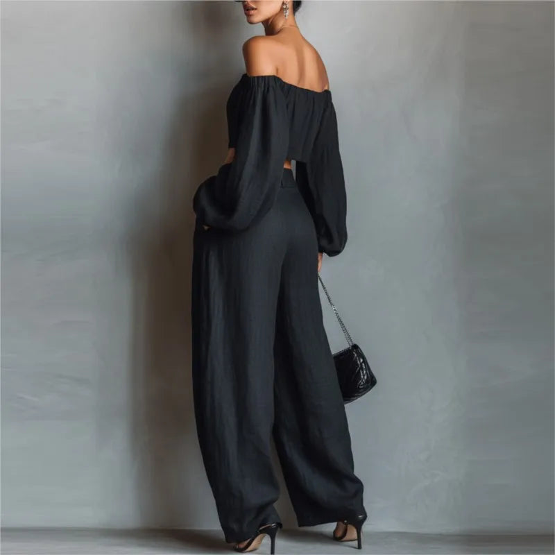 Women Outfit Off 2 Piece Shoulder Long Sleeve Top High Waisted Loose Wide Leg Pants Casual Pants Sets Fashion Commuting Outfits