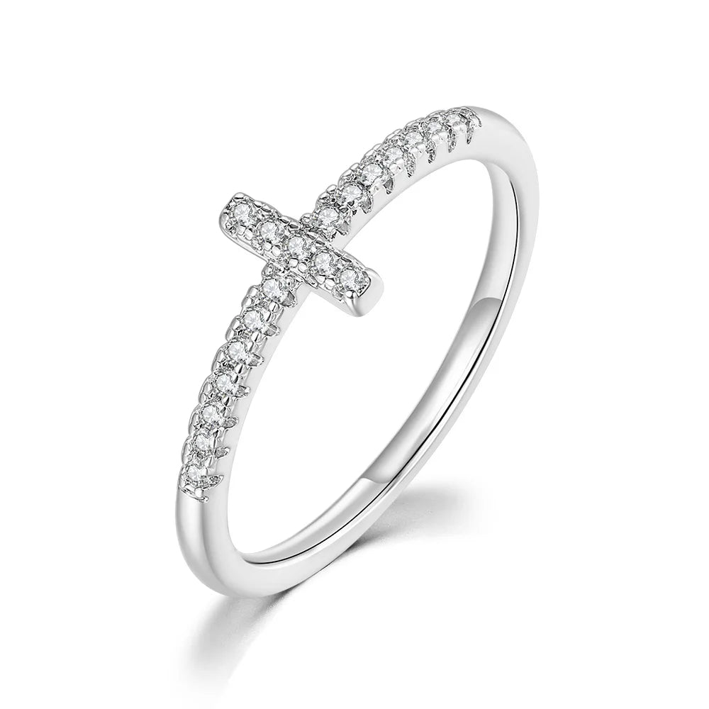 Korean Fashion Cross Crystal Rings For Women Personality Micro Pave CZ Thin Ring Finger Jewelry Daily Accessories Hot Gift R715