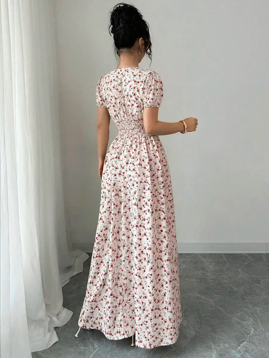 Elegant Women Summer Ditsy Floral Maxi Dress, Elastic Waist Puff Sleeve Beige Pastoral Long Dress, Casual Commute Music Festival