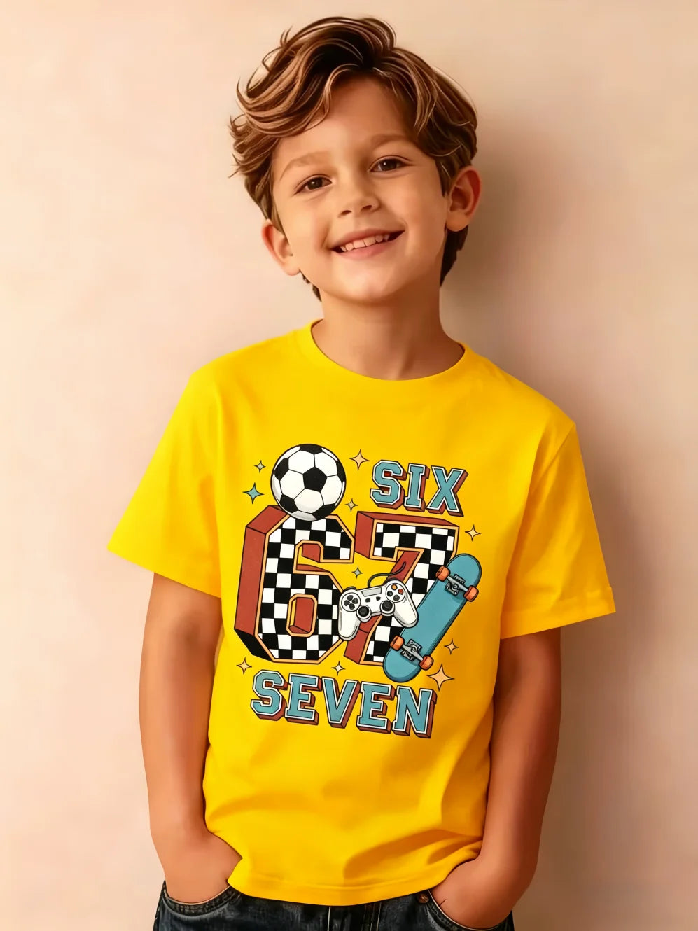 Summer Children's Clothing Fashion 67 Soccer Print Short Sleeve T-Shirt for a Boy Outdoor Street Sports O-Neck Kids Clothes Boys