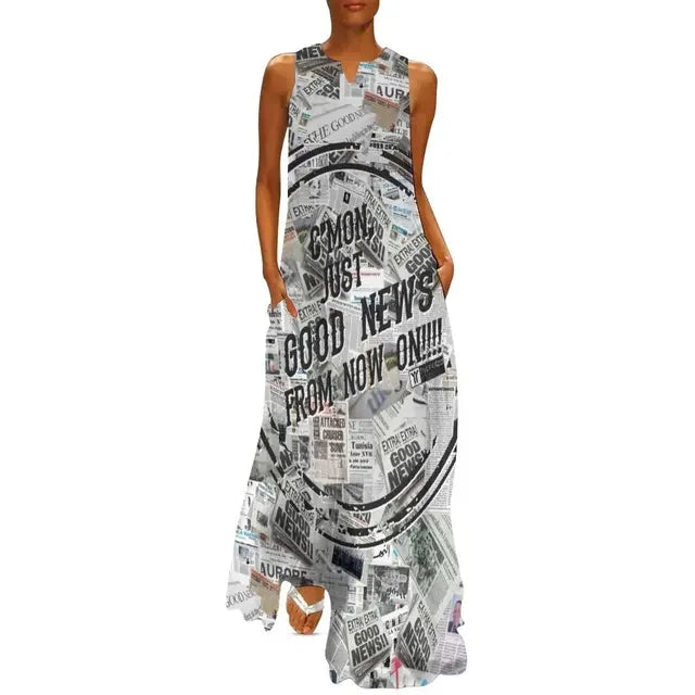 Newspaper Collage Print Dress Women Elegant Maxi Dress Street Style Casual Sleeveless Long Dress Summer V-Neck Pattern Vestidos