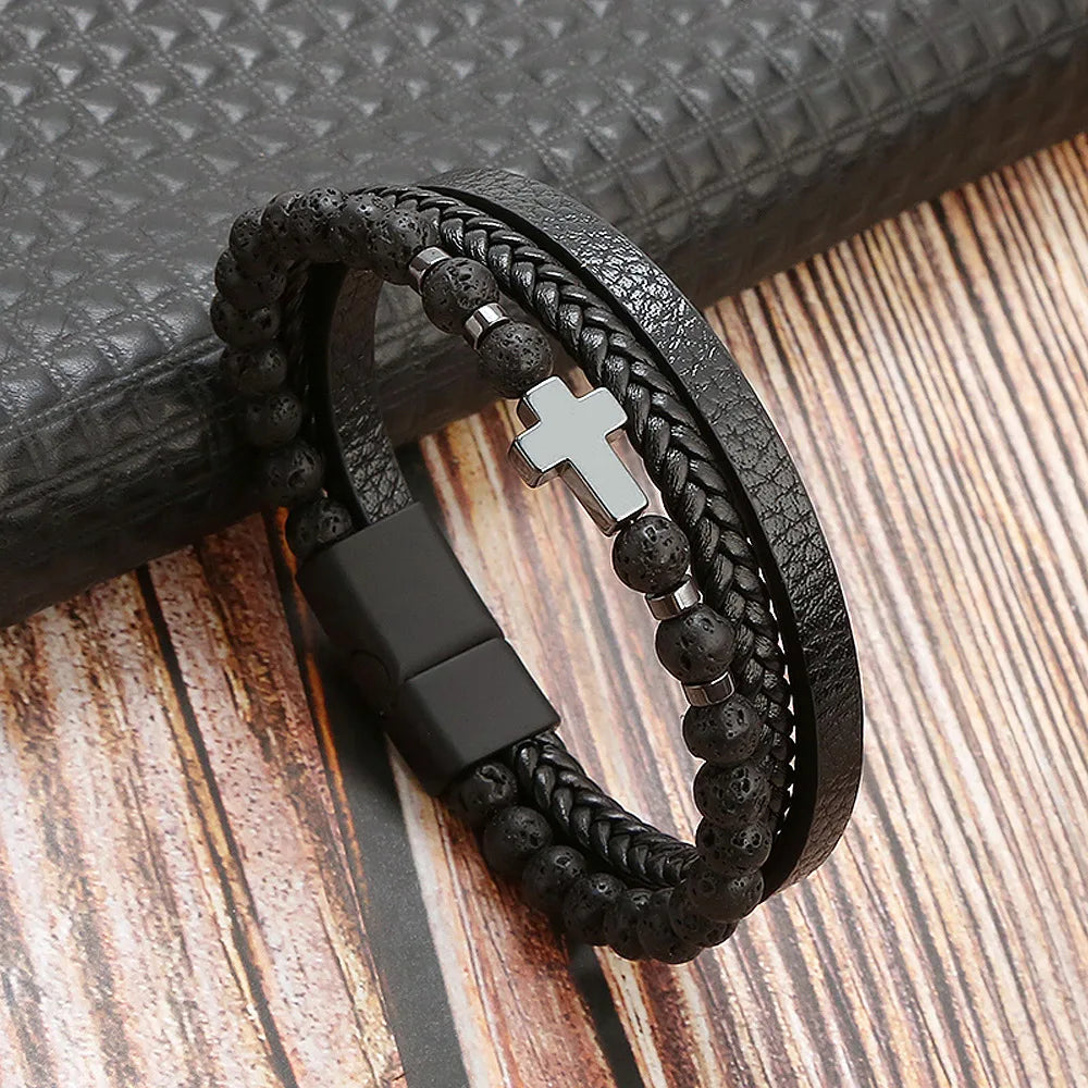 Classic 4-Layer Tiger Eye Stone Hand-Woven Leather Bracelets For Men Punk Fashion Alloy Magnetic Buckle Casual Bracelet Jewelry