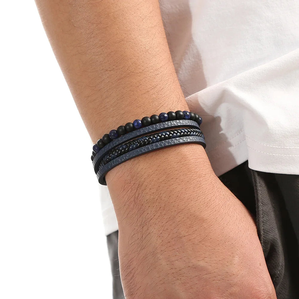 Classic 4-Layer Tiger Eye Stone Hand-Woven Leather Bracelets For Men Punk Fashion Alloy Magnetic Buckle Casual Bracelet Jewelry