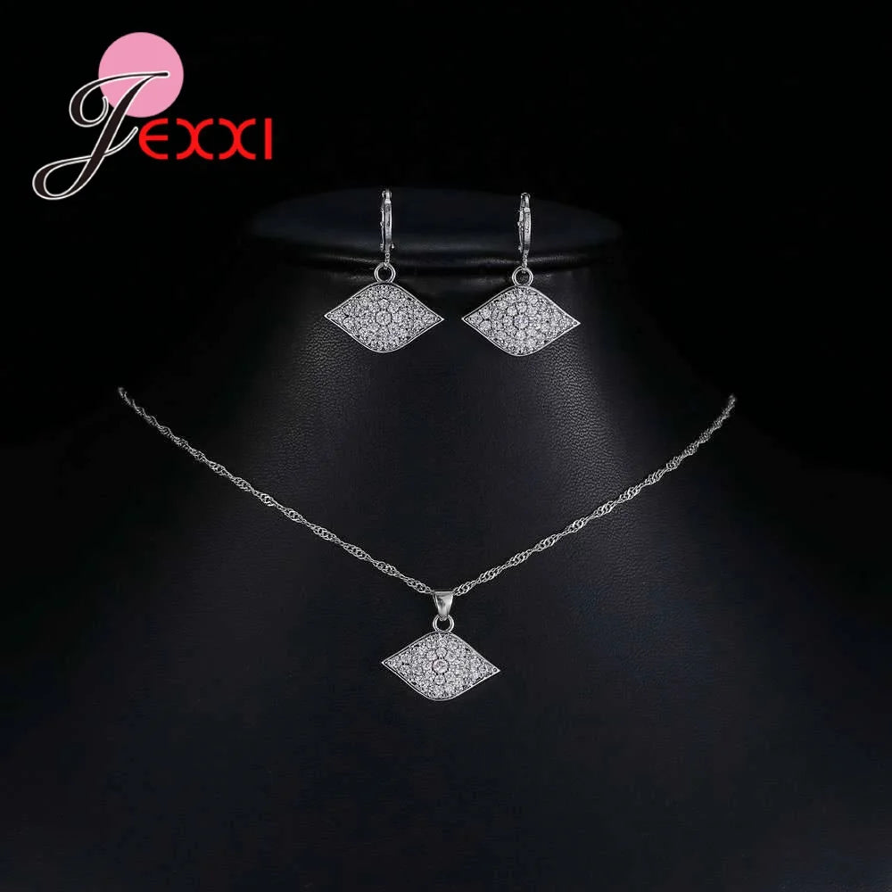 Noble Ladies Accessories Shiny Crystal Necklace Earrings 925 Sterling Silver Big Eye Zircon Design Jewelry Sets