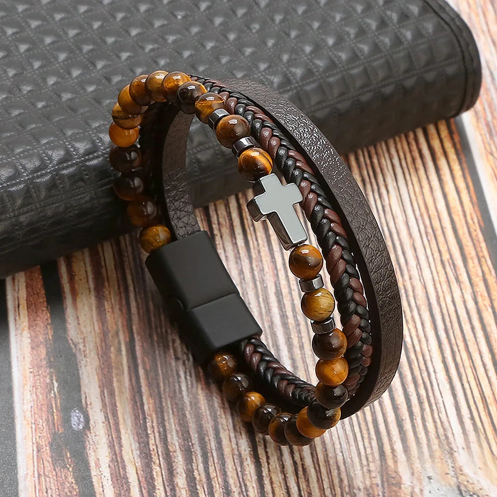 Classic 4-Layer Tiger Eye Stone Hand-Woven Leather Bracelets For Men Punk Fashion Alloy Magnetic Buckle Casual Bracelet Jewelry