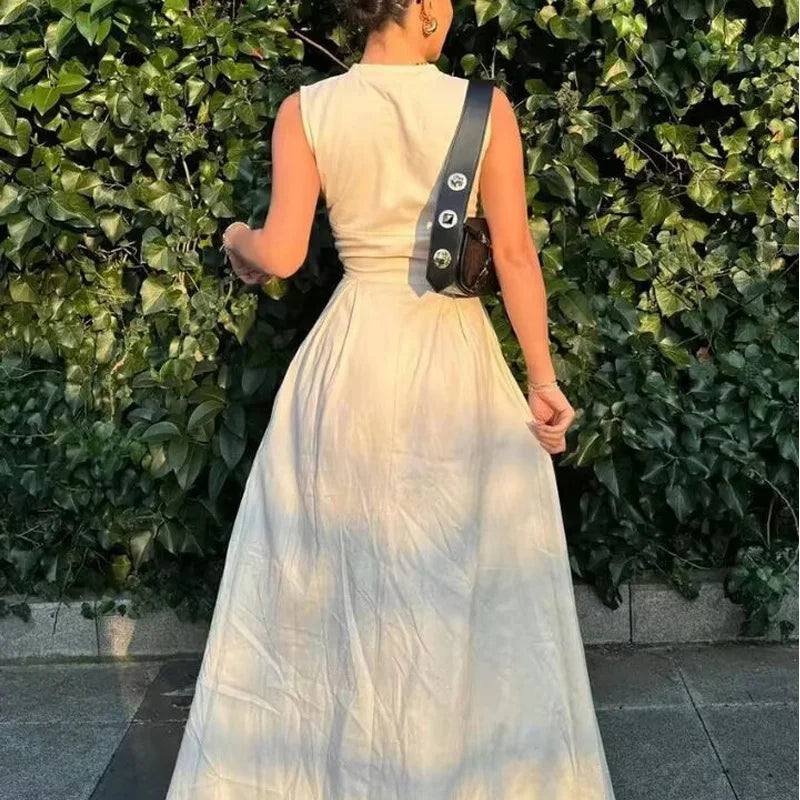 HXAO Female Dress Sleeveless Maxi Dress Women Pleated Zipper Party Dresses Fashion Slim Long Dresses Vacation Casual Dress Woman
