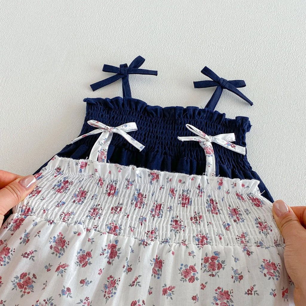 2026 New Summer 0-2Y Baby Clothes Fresh Floral/Solid Color Girls Romper with Bow Sling Smocked Elastic Waist Jumpsuit