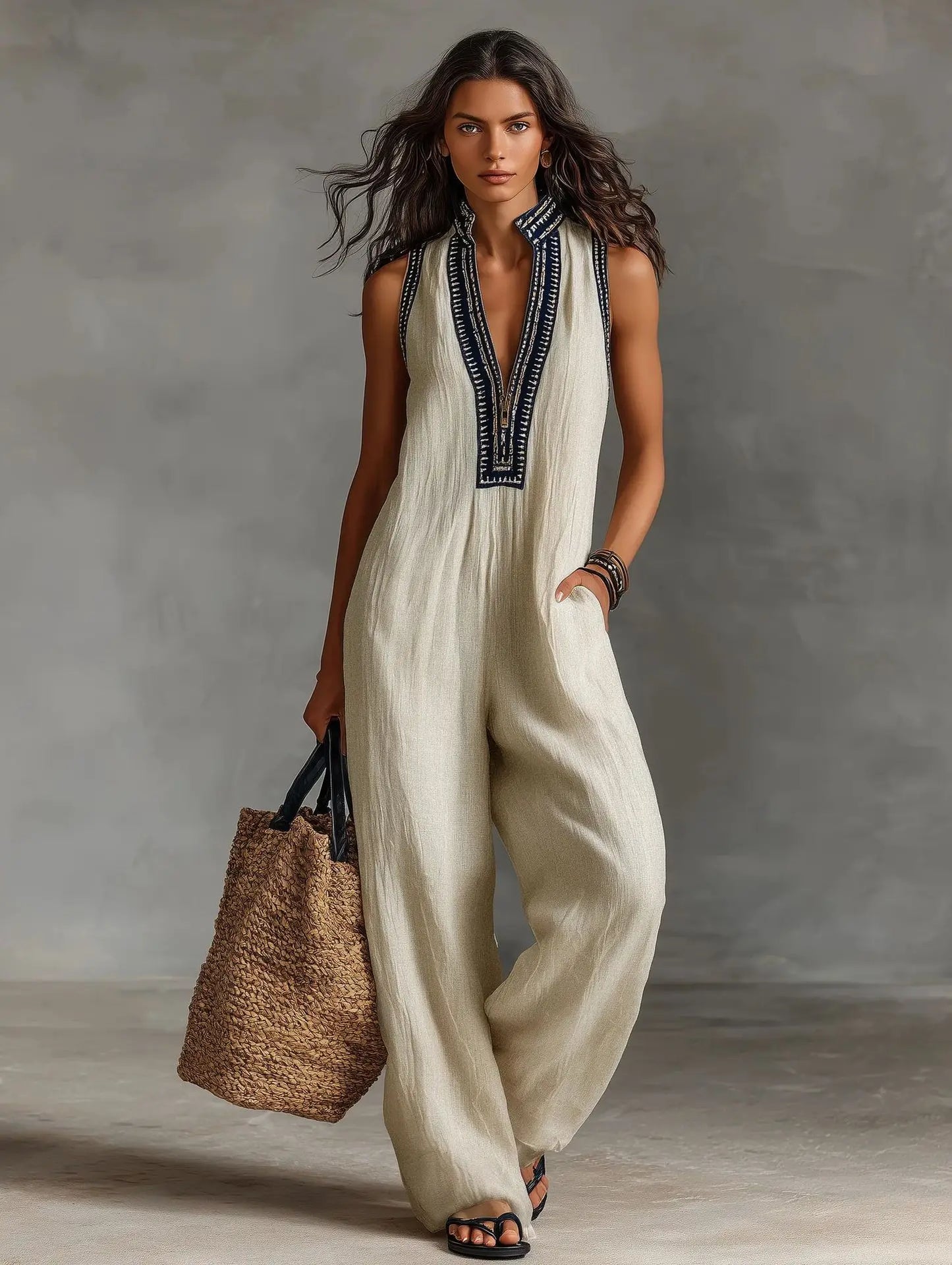 Women's New Sleeveless Jumpsuits Summer Fashion Stand Collar Loose Pocket Wide Leg Pants Jumpsuit Women's Holiday Party Jumpsuit