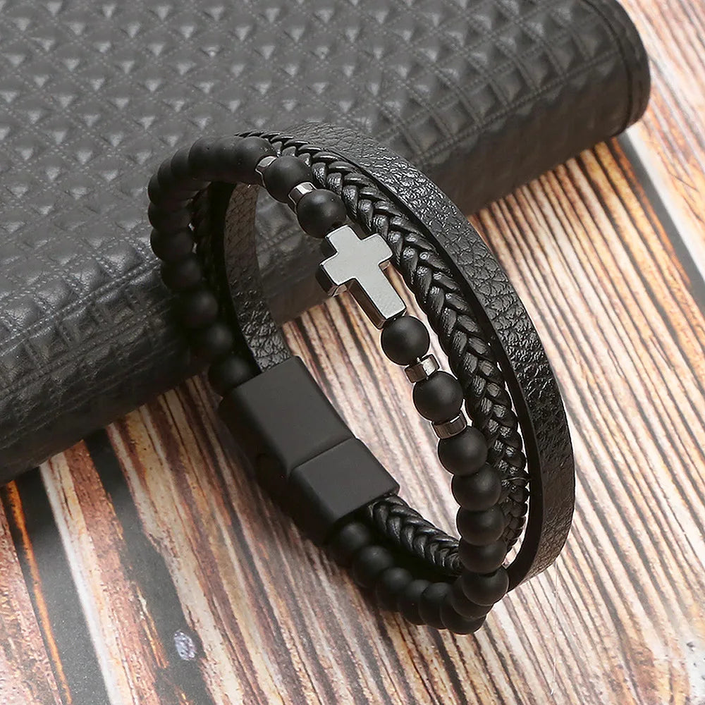 Classic 4-Layer Tiger Eye Stone Hand-Woven Leather Bracelets For Men Punk Fashion Alloy Magnetic Buckle Casual Bracelet Jewelry