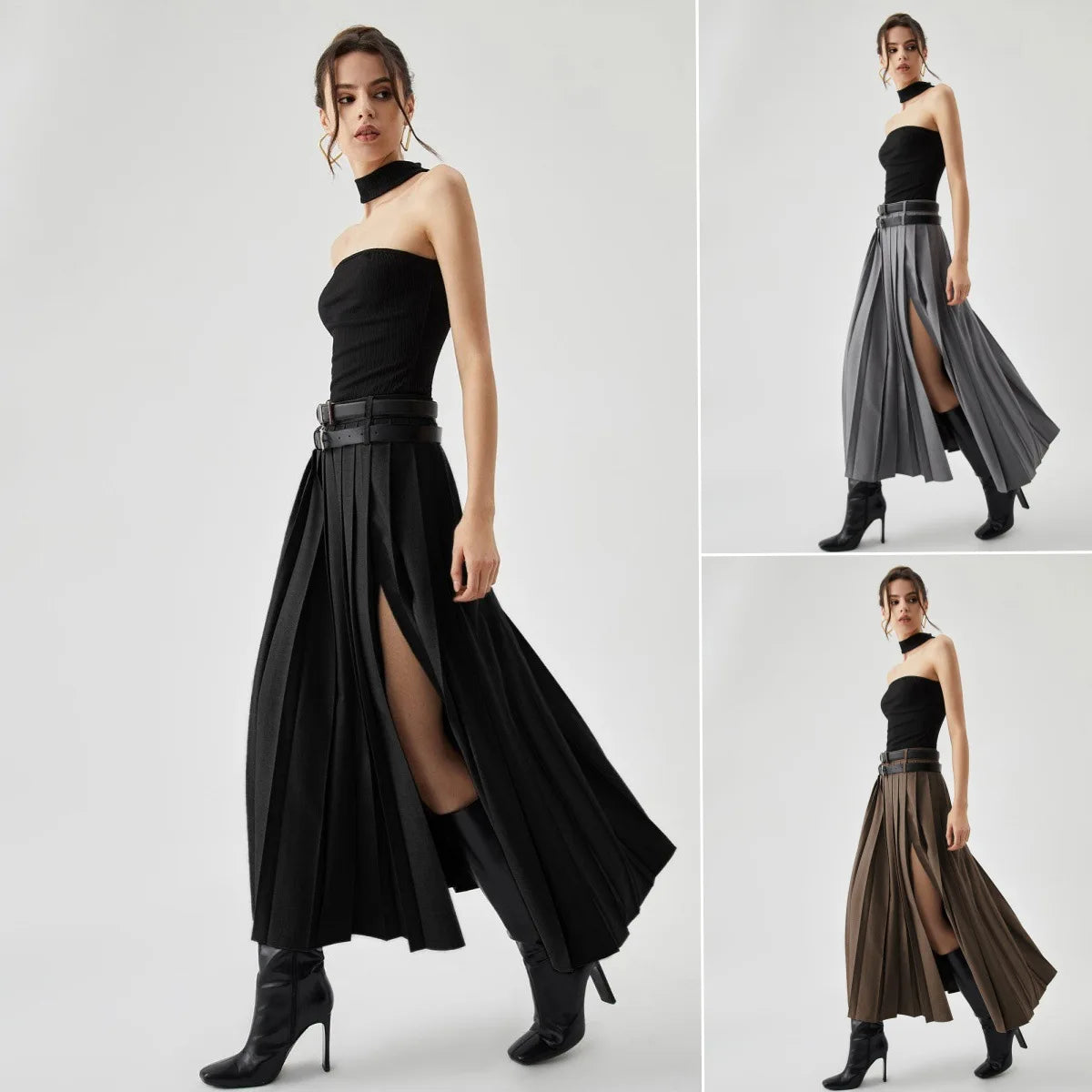 Female Clothing Skirts For Women's Gray Suit Pleated Skirt Fashionable New High Waist Slim Slit Commuting Long Skirt Y2k Clothes