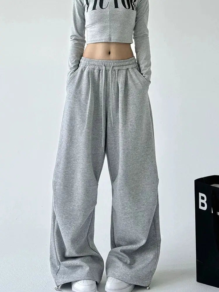 2025 New Harajuku Wide Leg Sweatpants Women Streetwear Baggy Oversize Gray Sports Pants Woman Drawstring Casual Joggers Trousers